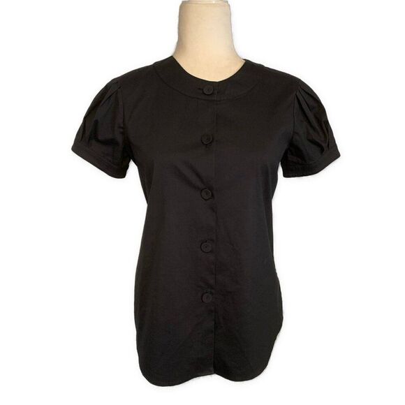 Theory Barney’s Coop Solid Black Button Down Puff Short Sleeve Top Small - Picture 1 of 4